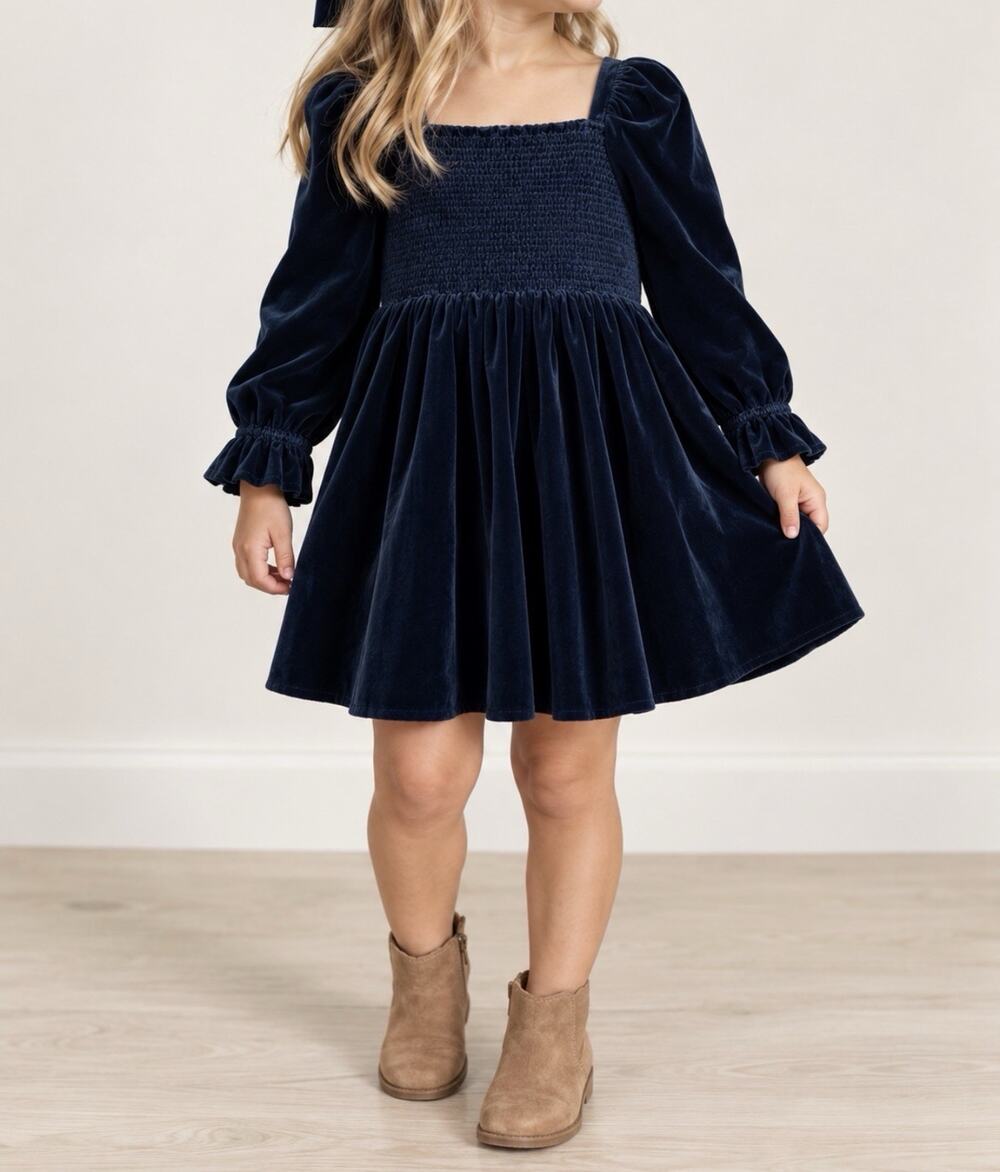 Bonnie Jean Girls Size 3T Navy Blue Velvet Smocked Long Sleeve Holiday Dress